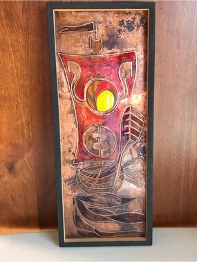 Copper and Enamel Art Sea of Galilee Made in Israel Inscribed 1977  8”X20”